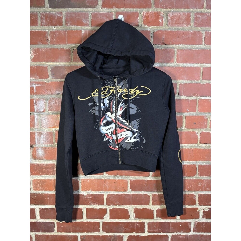 Ed Hardy Black Born Free Swallow Rose Zip Up Hoodie Cropped Women's Medium